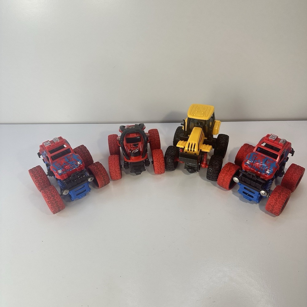 Lot of 4 Friction Propel Cars Push 'n Go Jeep Monster Truck Yellow Tractor Racer